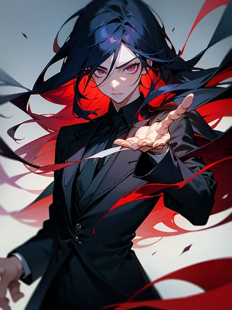 Masterpiece, ultra-detailed lighting. Anime boy, crimson eyes, detailed eyes, long eyelashes, dark blue hair with red gradient; long flowy hair, shoulder-length hair, black suit, black collared shirt, black tie. Cold, determined, eyes wide, hand reaching o...