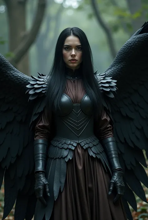 Cinematic shot of Emilia Clarke wearing a large blackish brown demonic raven feather armor with long straight medium black hair. He has a raven body and wears a shiny brown satin shirt under his armor.. Emilia Clarke standing in an enchanted forest. The ba...