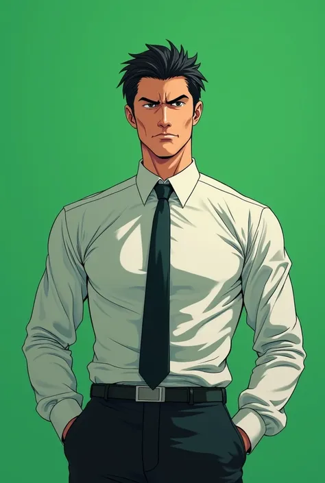 A man in a shirt and tie stands in front of a green screen。, Kentaro Miura Style, Kentaro Miura art style, live2d Virtual YouTuber Model, in Kentaro Miura&#39;s Style, 三浦建太郎 manga風, Kentaro Miura&#39;s Style!!!!, Inspired by Sakai Hōitsu, Kentaro Miura Sty...