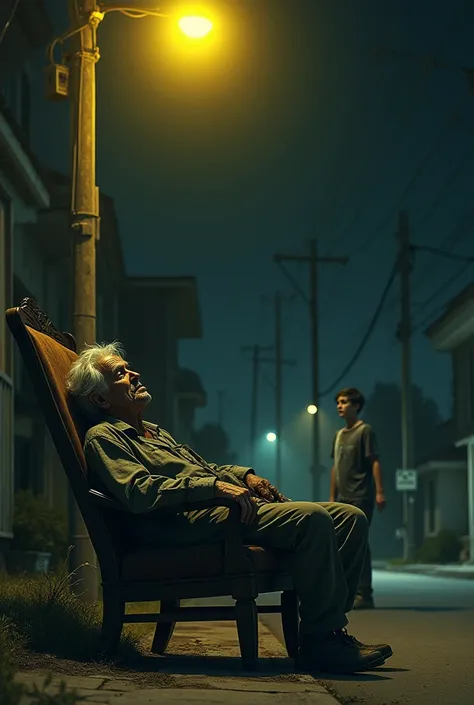 An old man is lying on a chair in an inebriated state. That chair is next to the road. And there is a yellow pole light above it. And the man is quite old and his hair has turned grey. And a teen boy is watching her from the other corner of the street. 