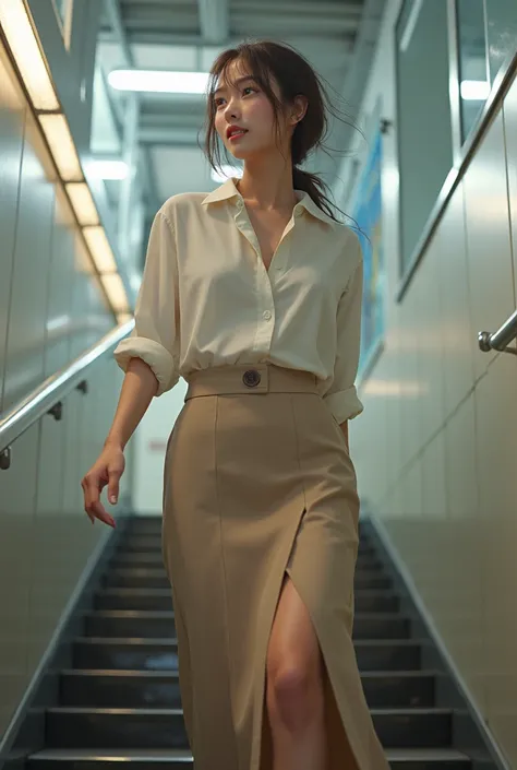 Highest quality, Realistic, Very detailed, finely, High resolution, 8k wallpaper, 1 beautiful woman in the Japan,, Light brown messy hair, Wear a dress shirt,Wearing a slit skirt、 Sharp focus, Perfect dynamic composition, finelyて美しい目, Thin Hair, smile, Mod...