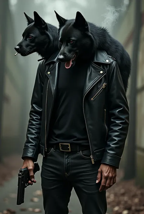 A group of two black dogs thrives  in human body wearing black t-shirt, jeans, black leather jackets, with gun on his hands, smoking cigarettes