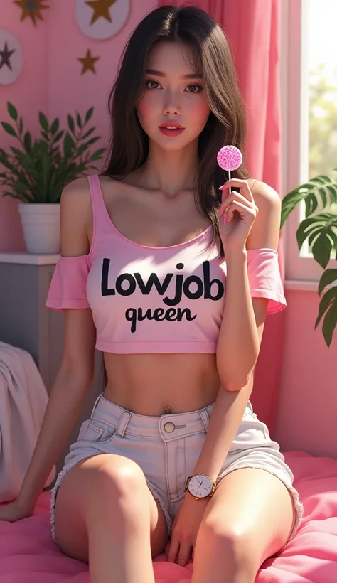 a girl sitting in a relaxed pose, wearing a white and pink crop top with "LOWJOB QUEEN" text, white denim shorts, long straight hair, holding a lollipop in one hand, watch on left wrist, pink-themed room with star decorations and plants, natural lighting f...