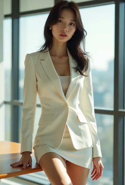 Japanese Beauty、From directly below、White suit、mini skirt、pantyhose、Perfect figure、so beautiful、Working in the office、Bright room、Cowboy Shot、Daylight