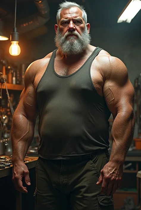 huge muscular old man, garage, mechanic, muscular shirts, realistic, hyper realistic, masterpiece, high resolution, anatomically correct, award winning, best quality, uhd, super detailed