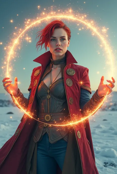 Image haute qualité, HD, 16K, photo realistic, une femme Scarlett Johansson, very short red hair, petite mèche devant les yeux. habiller comme dans le costume de Doctor Strange mais en plus sexy,  very worn and holed, almost naked. Decorate the North Pole....