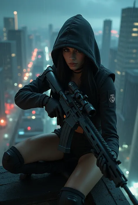 a female sniper veteran assassin, aiming silently at her target from a high-rise building at midnight, (best quality,4k,8k,highres,masterpiece:1.2),ultra-detailed,(realistic,photorealistic,photo-realistic:1.37),dramatic lighting, moody atmosphere, dramatic...