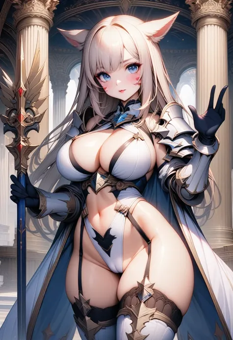 ((masterpiece)),((highest quality)),((8k)),((fantasy art)),(solo),1girl,perfect face,fantasy world,((Miqote)),((highcut: 1.5)),((sidecut: 1.5)),((white paladin armor))((platinum blonde long straight hair)),((large breast)),((Ultra high leg inguinal thigh))...