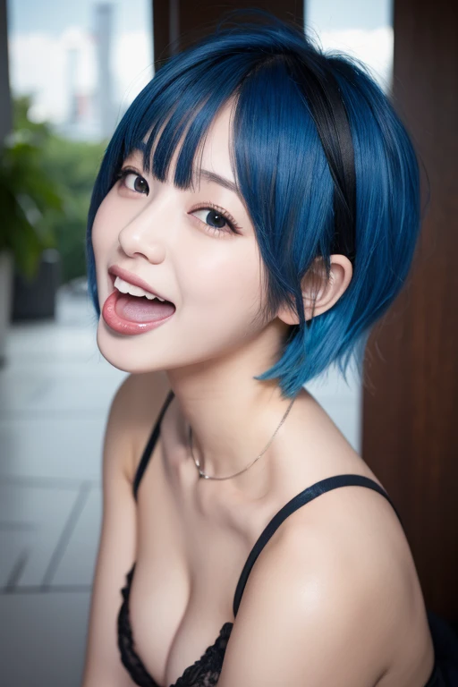 Young idol Blue hair Short hair Small breasts Open mouth, Sticking out tongue, Black 