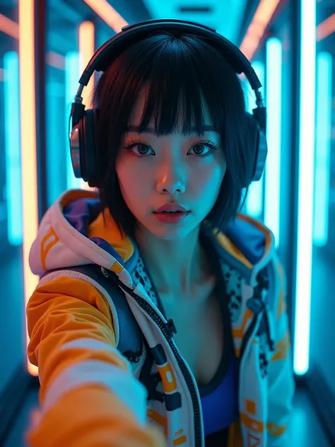 Angle from below, Japanese woman, pretty face, short cut hair, bangs, black hair, bangs, blurred background, blur, background is future high-tech server room neon, chromatic aberration, knee high, looking up, motion blur, Photo_Curly, future robot armor ho...