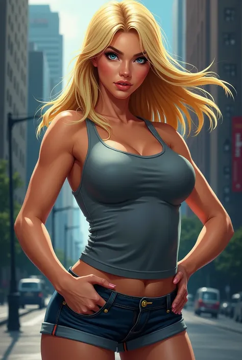 dramatic comic-book style,  realistic. a  blonde woman, blue eyes, chubby cheeks, full face. medium length straight hair over one shoulder. she wears a dark blue shirt with gold trim, wine colored bell bottoms. she stands straight backed, hands on hips. a ...