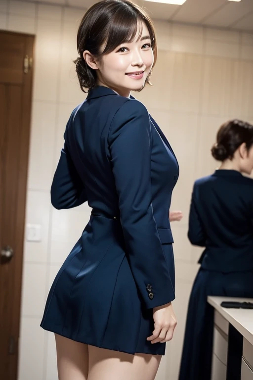 masterpiece、Photo Quality、Japanese women、CEO Secretary、Business Jacket、Cotton Tight Skirt、(Upstyle:1.2)、smile、Droopy eyes、Kind eyes、bangs、Beautiful flesh-colored thighs、In town、Back view、look back、Staring at the viewer、Perfect lighting、