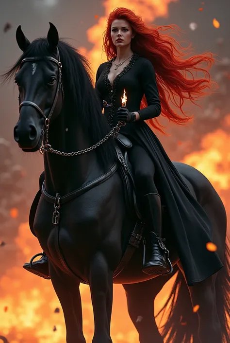 beautiful european girl with long red hair sitting on a beautiful completely black horse, the woman is wearing black clothes, the horse is wearing black saddle and bride and has a long mane, in the background is fire and the girl has a little flame in her ...