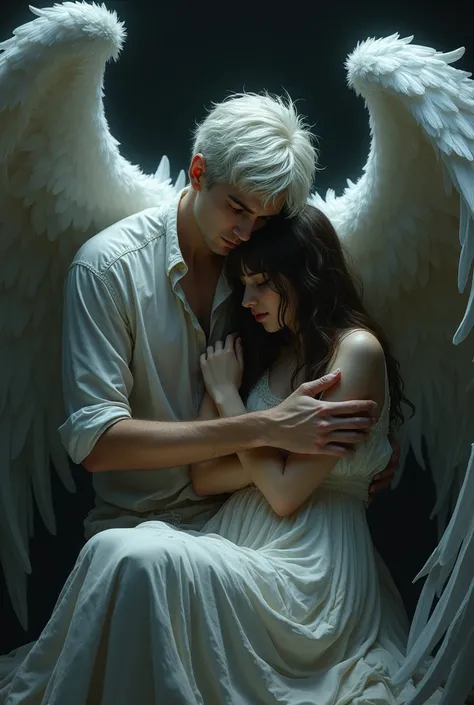 A man with white wings and white short hair hugs a fragile adult girl, who sits on his lap. You can feel the pain of your soul through the picture. Picture in dark tones