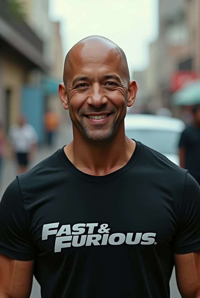 vin diesel with a young man asian face. scene fast furious. smile looking camera. black tshirt says "FAST FURIOUS" best quality, masterpiece