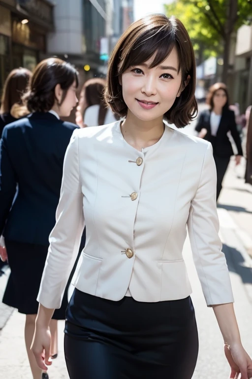 Masterpiece, photo quality, Japanese woman, CEO secretary, business jacket, cotton tight skirt, (upstyle: 1.2), smile, droopy eyes, gentle eyes, bangs, beautiful skin-colored thighs, walking around town, street, perfect lighting,