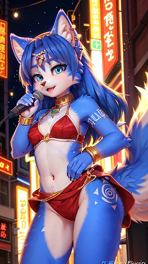 a picture of ((krystal)), star fox krystal, lovable, green eyes, medium breasts, (((long blue hair 1.3))), decollete, anthro, fu...