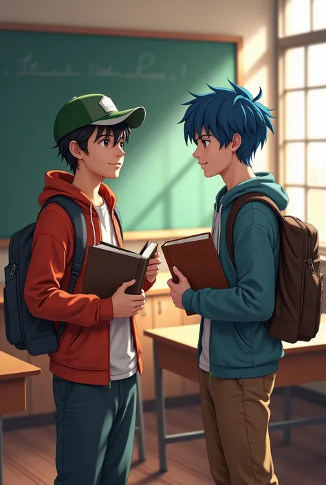 Young man in a school with books in his hands talking to a classmate with blue hair and a green cap 