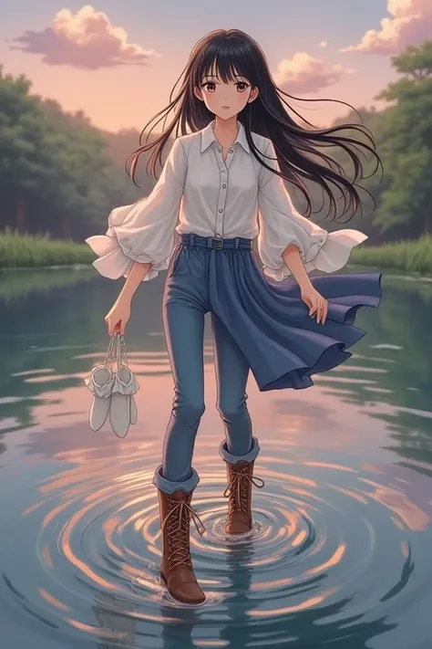 Anime, girl, black hair, white blouse, long blue jeans, brown lace up boots, white socks, wading through deep river, in her hand a pair loafers
