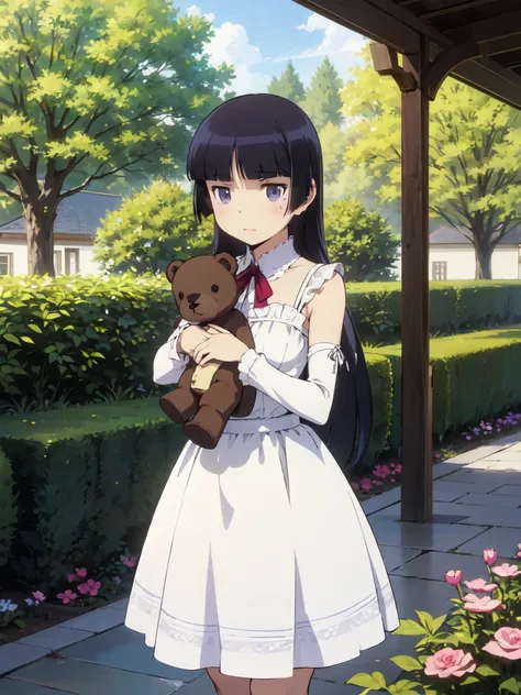 woman, Wearing a classic dress, hugging a teddy bear, Garden with flowers, The sunlight is beautiful, Romantic atmosphere, channel, ruri gokou