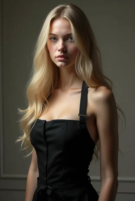 Blonde with black apron narrow waist long hair