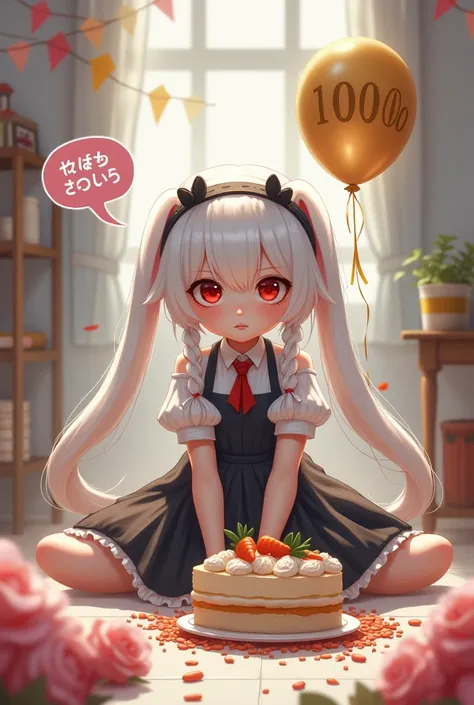 Lovely，White skin, large red eyes, long white fluffy hair(With a big black headband and braided hair) With white rabbit ears, Wearing a white ruffle dress, Sitting on the floor looking at the audience mysteriously, There is a piece of carrot cake in front ...