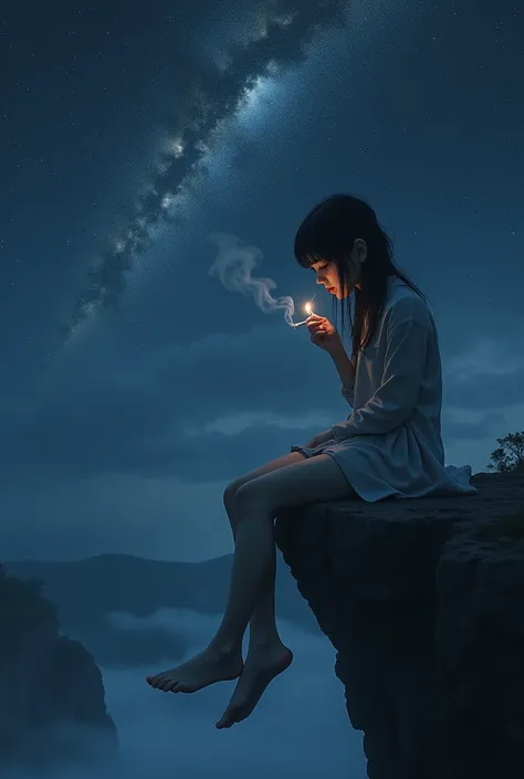 A sad girl sitting on a cliff edge with cigarette in one hand. HD realistic picture with stars in the night sky