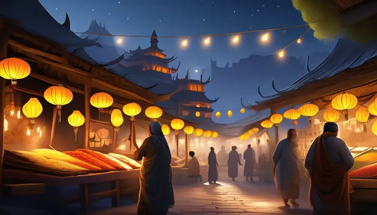 a bustling ancient marketplace at night, wooden structure, yellow lanterns illuminating the scene, vendors selling exotic goods,...