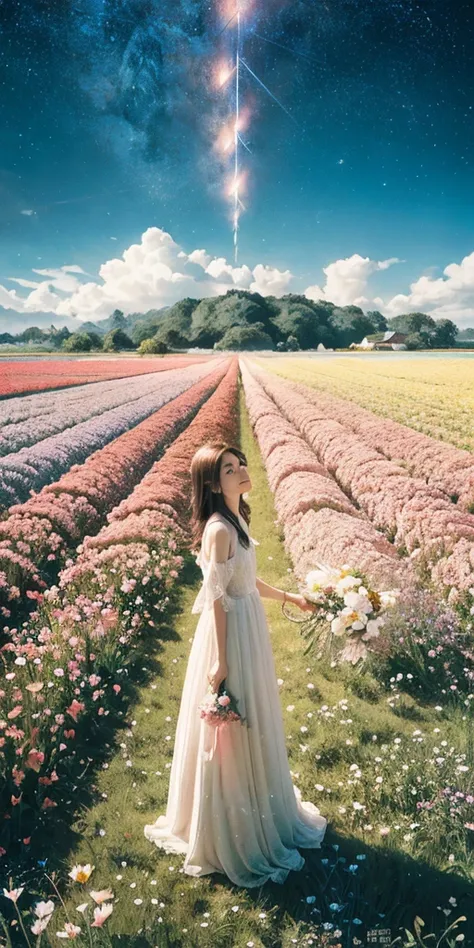 there is a girl standing in a flower field looking up at the sky, a girl standing in a flower field, a girl walking in a flower ...