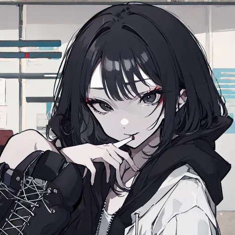 ((Disgusted face)),8k,Super Detailed Game CG, (High resolution:1.1),(Absurd:1.1), Highest quality, 最High resolution, Smoking a cigarette, One Girl,cute、Contempt的な 、Contempt、 black and White hoodie、Red and black hoodie、White hoodie、Crossing your legs、Black ...