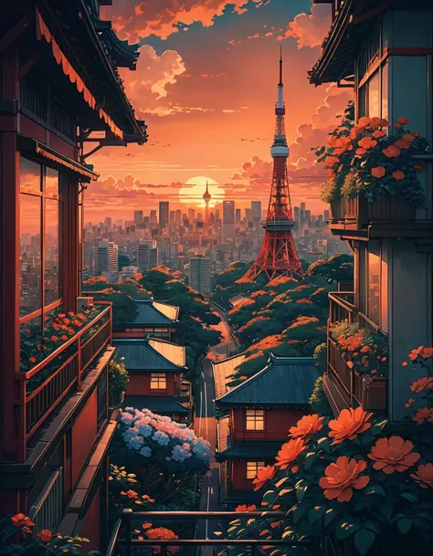 aerial view, view from balcony, giant tokyo tower, cityscape, sunset, blue orange and red tones, road, greenery, flowers, orange and red hues, clouds, flowers, huge sunset, subtle sunset tones, reddish orange sky, lofi, bluish tint on buildings, vibrant to...