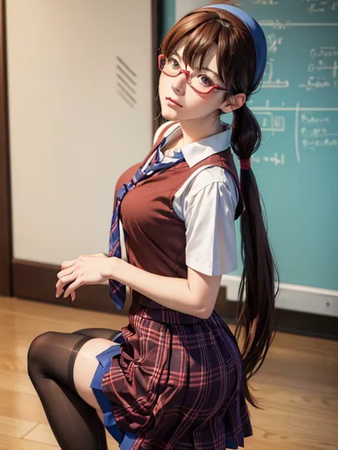 1girl, Mari Makinami, blue big eyes, brown hair, red rimmed glasses, blue headband, twintails, short sleeves dress shirt, (plaid skirt), pantyhose, school uniform, thighhighs, necktie, Slightly slim Beautiful figure, parted bangs, 
BREAK. 
((Fall backwards...