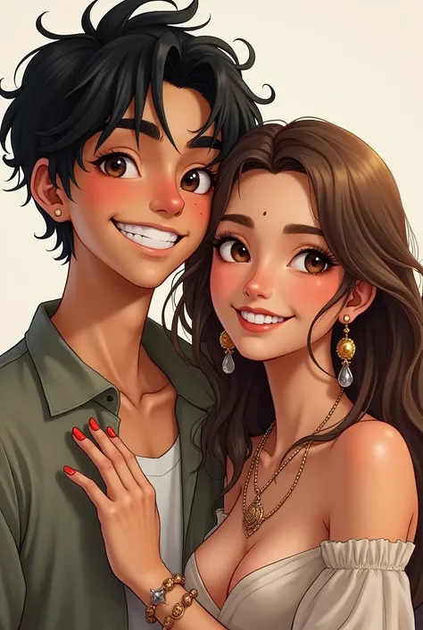 smile, realistic, 1boy, jewelry, grin, black_hair, 1girl, bag, earrings, bracelet, long_hair, looking_at_viewer, mole, cleavage, breasts, real_life_insert, brown_hair