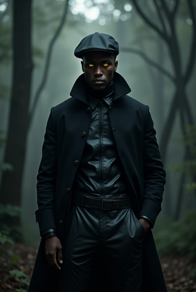 Young black man, wearing black shorts and black flat brim hat, forest background, yellow  eyes, he is wearing a black overcoat and black leather clothes, ele esta numa floresta escura sinistra ele tem yellow  eyes , ele esta perto do telespectador da para ...