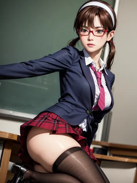 ((fall on ones butt with open legs:1.2, She shyly holds down her skirt:1.2, Embarrassed look)), Lucky Happenings, ((In the classroom)), 
BREAK. 
1girl, Mari Makinami, blue big eyes, brown hair, thick red rimmed glasses, headband, twintails, dress shirt, pl...