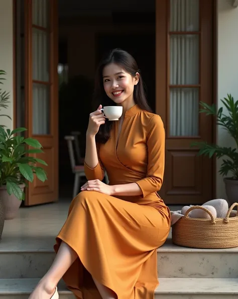 A sweet smiling Thai woman wearing a long modern Thai dress in a curry color and cream high heels is drinking black coffee sitting in front of her house.