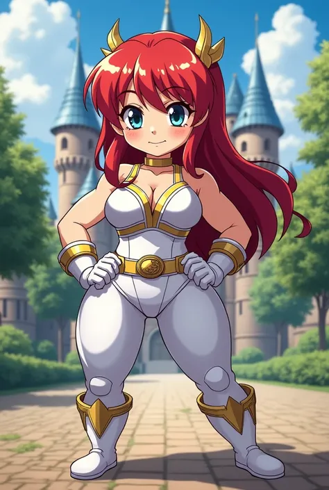 Create an image of a red haired power ranger muscle girl using white clothes holding one sword, power rangers body suit white, chibi muscle girl, sunny castle,  chibi muscle defined legs, ((large hips)), detailed, masterpiece, red tiny smile, anime style, ...