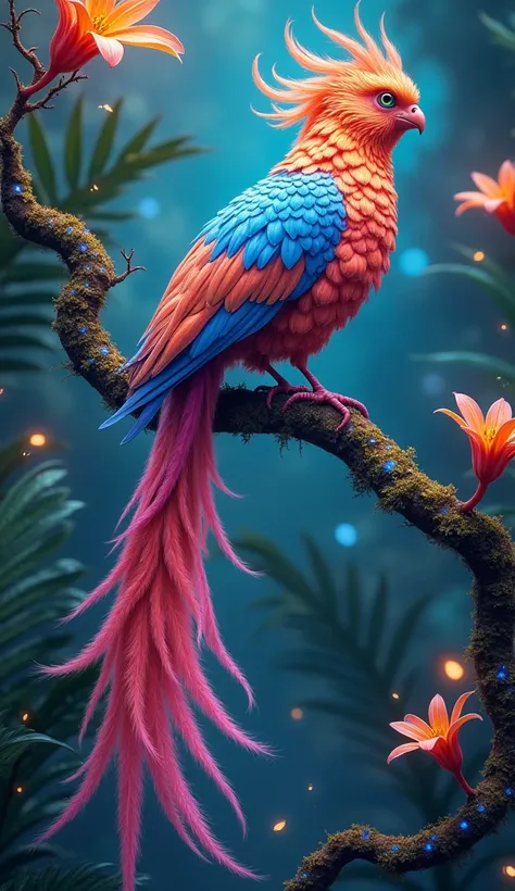 A bird with electric blue, fiery orange, and metallic pink plumage, featuring long tail feathers that curl like ribbons. It perches on a twisting branch covered in bioluminescent moss, framed by large, tropical plants with iridescent leaves and exotic, sta...