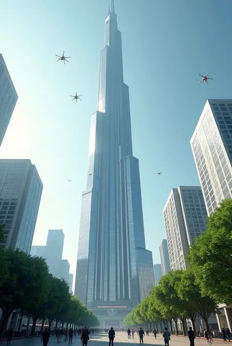 An imposing building 10 kilometers high in a square with lots of trees modern architecture 2030 with people walking through the streets with Police Drones in the Skies 
