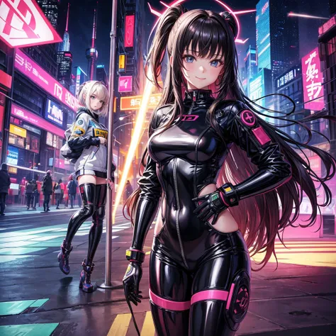 Best Quality，8k，middle School girls，Colorful latex suit，Bodysuits，smile，robotに乗る戦闘員，Im grating my bangs，ＳＦ，Straight Hair，fur jacket，Colorful，Hands in pockets，Leather pants，perfectionにまっすぐな髪型，Smooth hair，beautiful girl，Standing posture，Cyberpunk Girl，Naught...