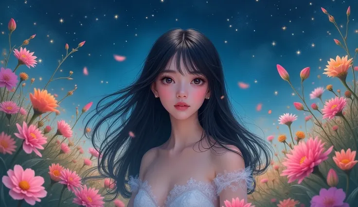 A beautiful princess with long black hair is surrounded by many flowers under a sparkling night sky.　There are bangs　Eyes are large　half