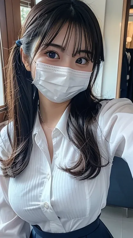 masterpiece、Selfie taken from diagonal front、cute、Happy、uniform、Poses that emphasize breasts and buttocks Ultra high quality, , Slanted Eyes, Wearing a white mask, realism, Surrealism, Low twin tails, 