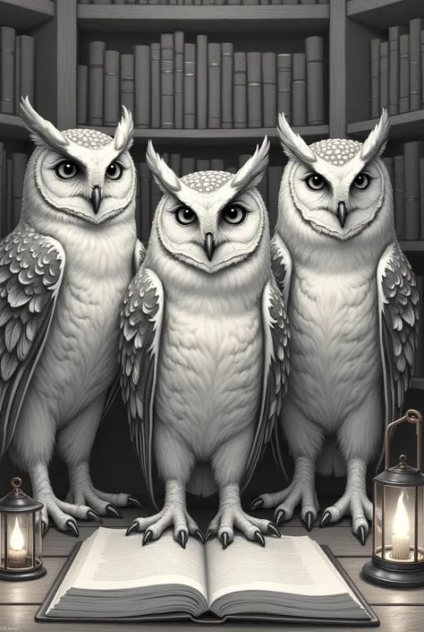 Create three owl drawings that symbolize knowledge from reading and leadership.