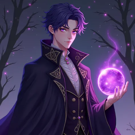 create an image for an rpg with arms, flegs, trunk, chest etc.: Eldrin is a charming looking young man (he is at least 1,) with fair skin and purple black hair(purple) that are short. Seus olhos são de um purple profundo com as pupilas de um Dragão, reflec...