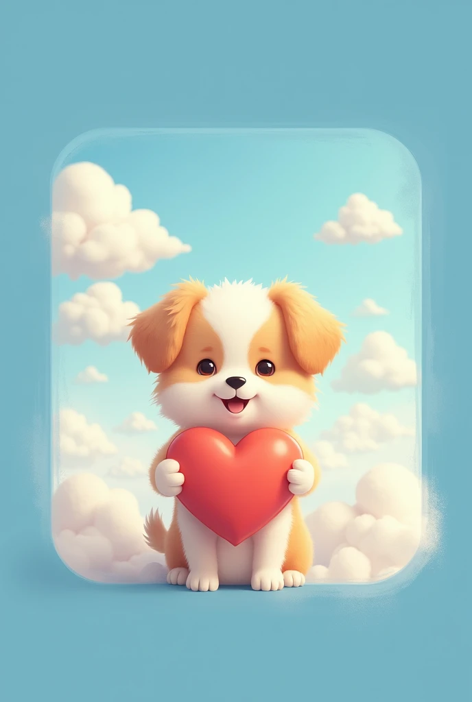 A blue frame, with a cloud background and a cute dog with a heart 