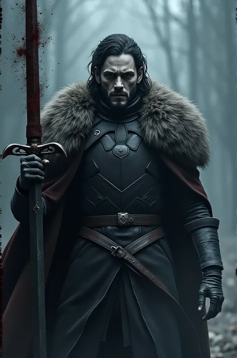 Picture of Jon snow from game of thrones in armor. He is holding a sword gushing with dark energy. His face is like that of dead. His face looks like a skeleton