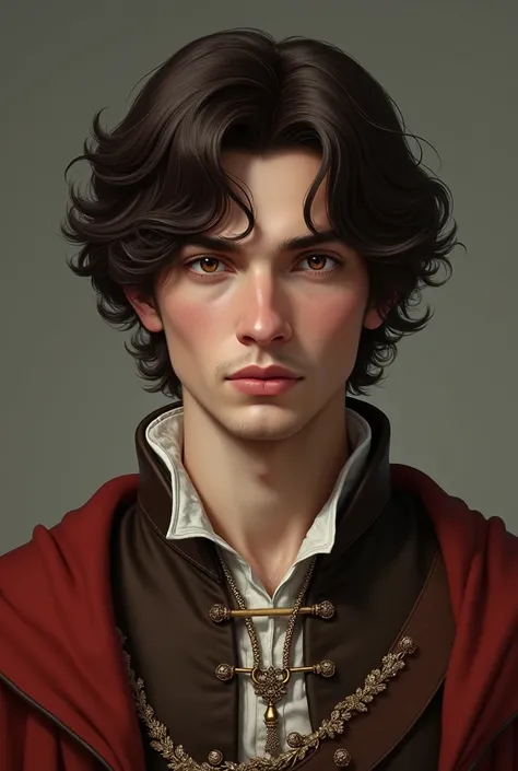 A man with a make fluffy male fringe haircut. His hair and his eyes are Dark Brown. He wears Medieval clothes.