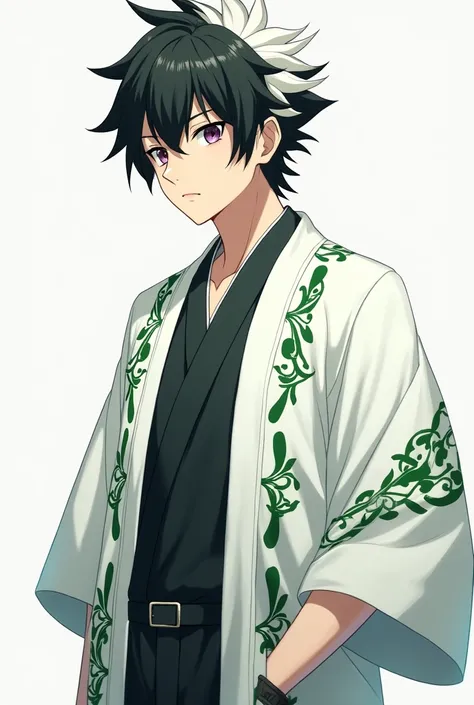 a tall anime style character, a black hair with white, physical build slightly above average, with a white haori with green details on top