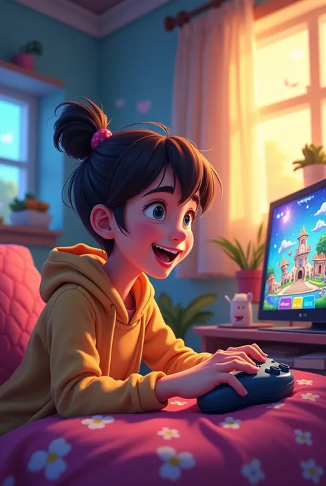 A teenager plays a game in a Disney-style game
