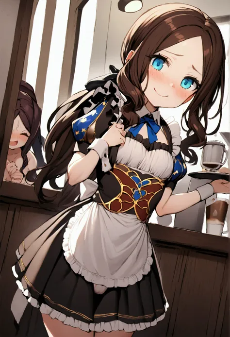 NSFW,masterpiece,Highest quality,High resolution,Very detailed,Leonardo da Vinci(Fate/grandorder),blue eyes, Long Hair, Brown Hair, Side Lock, Low Ponytail, ribbon, Short sleeve, Wrist cuff, maid, apron, maidヘッドドレス, Black knee socks,Small breasts,Bewitchin...